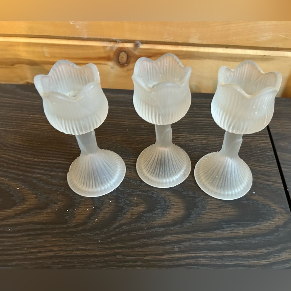 Frosted Glass Tulip Candle Holders 5 1/2”  - Set of 3